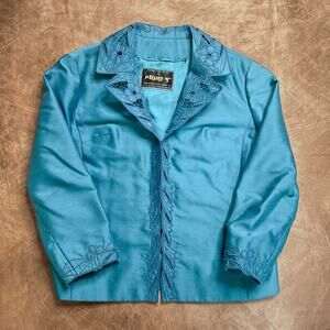 Vintage 70s Alberto's Floral Trim Blazer Jacket Teal Blue 3/4 Sleeve Retro Disco